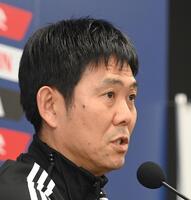 　前日会見する日本代表・森保一監督（撮影・西田忠信）