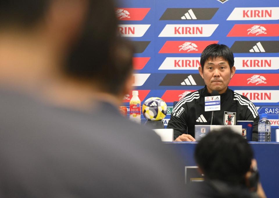 　前日会見する日本代表・森保一監督（撮影・西田忠信）