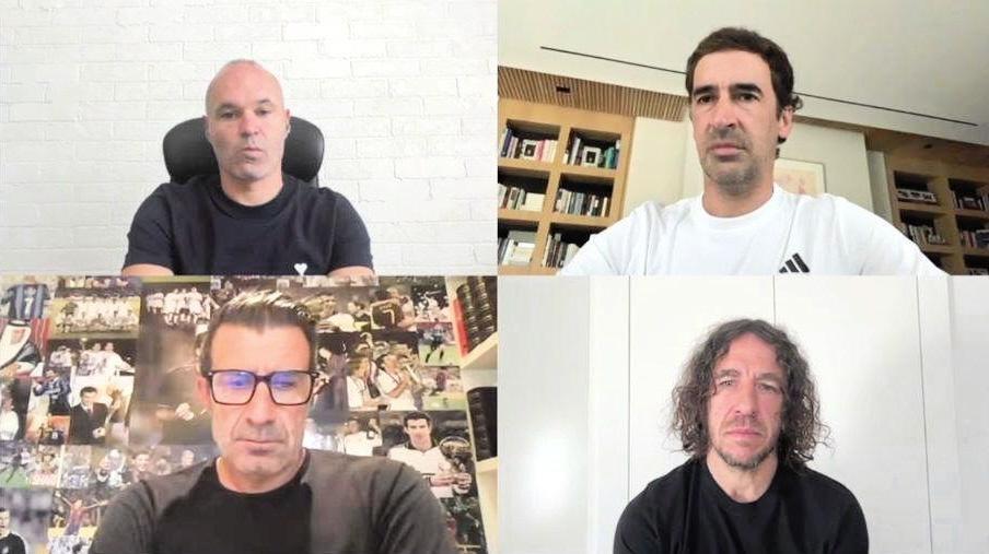 　オンライン会見に出席した（左上から時計回りに）イニエスタ氏、ラウール氏、プジョル氏、フィーゴ氏