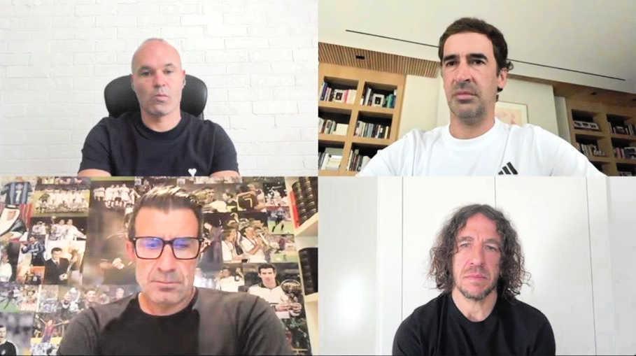 　オンライン会見に出席した（左上から時計回りに）イニエスタ氏、ラウール氏、プジョル氏、フィーゴ氏