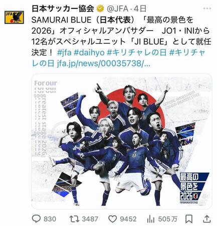 　１０日に発表されていた日本代表アンバサダーのキービジュアル＝日本サッカー協会公式Ｘより