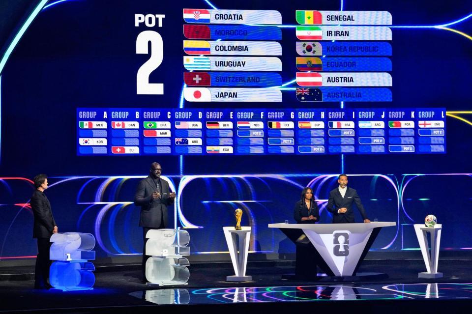 　５日、米ワシントンで行われたサッカーＷ杯北中米３カ国大会の組み合わせ抽選会。日本は１次リーグＦ組に入り、初戦はオランダとの対戦に決まった（共同）