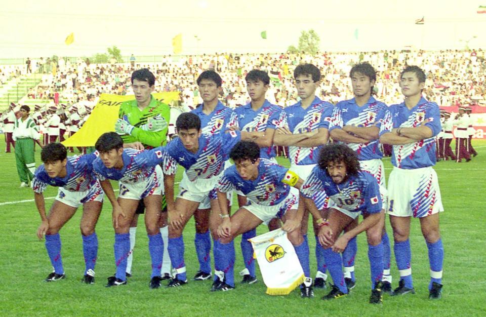 　１９９３年１０月２８日、Ｗ杯アジア最終予選のイラク戦に臨む森保一（１７）、井原正巳（７）ら日本のイレブン