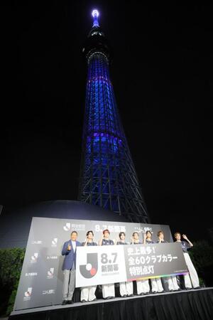 点灯式を行った（左から）松木安太郎氏、Ｔｒａｖｉｓ　Ｊａｐａｎの松田元太、吉澤閑也、七五三掛龍也、宮近海斗、中村海人、川島如恵留、松倉海斗（撮影・吉澤敬太）