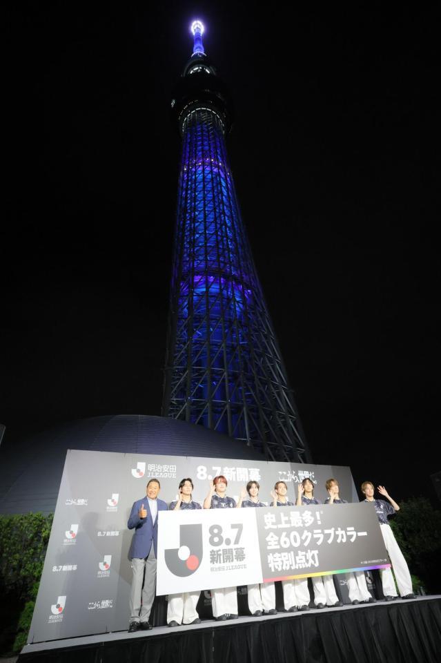 点灯式を行った（左から）松木安太郎氏、Ｔｒａｖｉｓ　Ｊａｐａｎの松田元太、吉澤閑也、七五三掛龍也、宮近海斗、中村海人、川島如恵留、松倉海斗（撮影・吉澤敬太）