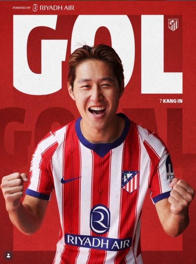 アトレチコ・マドリードの公式インスタグラム＠ａｔｌｅｔｉｃｏｄｅｍａｄｒｉｄより　デビュー戦でゴールを決めＭＶＰに選ばれたイ・ガンイン