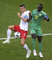 　ポーランド－セネガル　前半、競り合うポーランドのレバンドフスキ（左）とセネガルのマネ（ゲッティ＝共同）