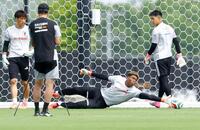 　ブラジル戦に向け調整するＧＫ鈴木彩（下）ら（共同）