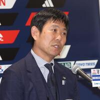 会見をする森保一監督（撮影・佐々木彰尚）