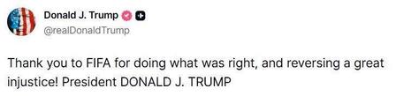 トランプ大統領が投稿したＦＩＦＡへの感謝のコメント（トランプ氏のＳＮＳ「Ｔｒｕｔｈ」＠ｒｅａｉＤｏｎａｉｄＴｒｕｍｐより）
