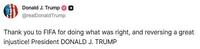 トランプ大統領が投稿したＦＩＦＡへの感謝のコメント（トランプ氏のＳＮＳ「Ｔｒｕｔｈ」＠ｒｅａｉＤｏｎａｉｄＴｒｕｍｐより）