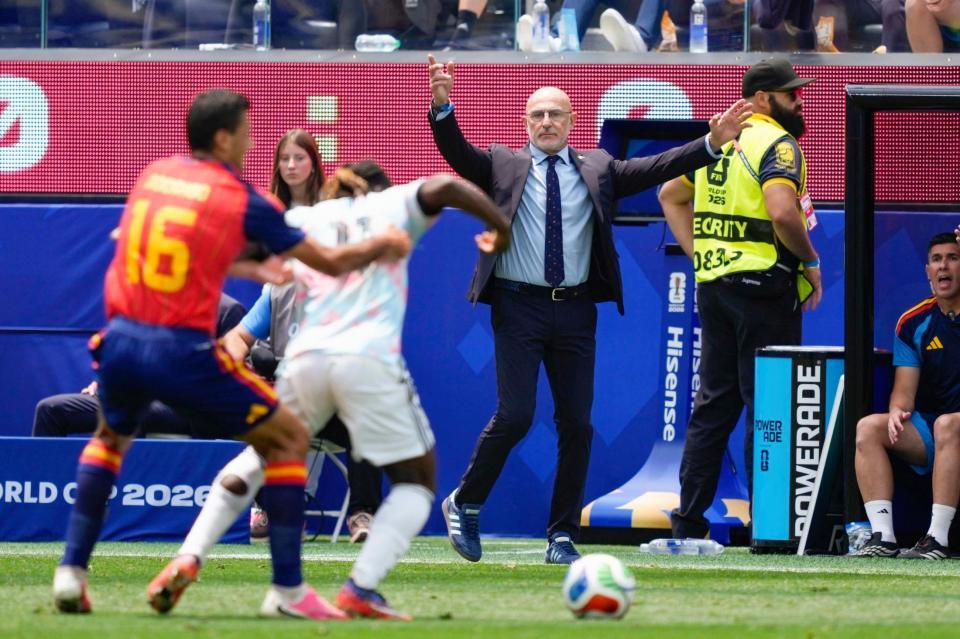 前半、アピールするスペインのデラフエンテ監督（奥）＝ロサンゼルス（共同）