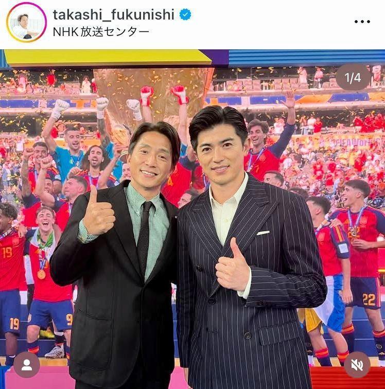 ＮＨＫの中継に登場した谷口彰悟（右）。福西崇史さん（左）のインスタグラム＠ｔａｋａｓｈｉ＿ｆｕｋｕｎｉｓｈｉより