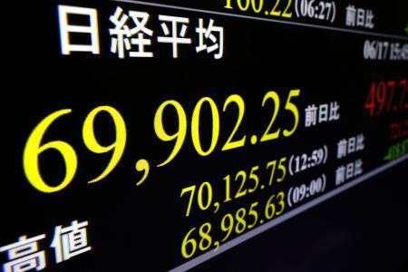 　日経平均株価の終値６万９９０２円２５銭を示すモニター＝１７日午後、東京・東新橋