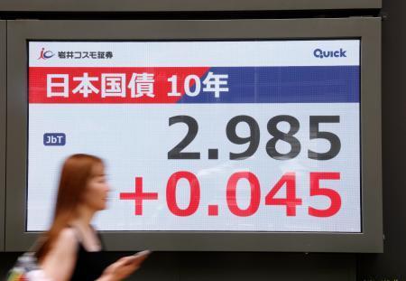 　長期金利の指標となる新発１０年債の利回りが一時２・９８５％をつけたことを示すモニター＝１日午前、東京都中央区