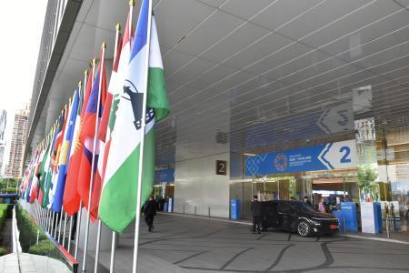 　Ｇ２０財務相・中央銀行総裁会議の会場入り口＝１５日、バンコク（共同）