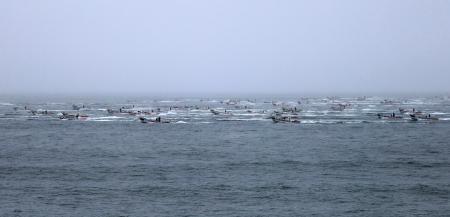 　北方領土の貝殻島周辺でコンブ漁が始まり、一斉に出漁する漁船＝１５日午前、北海道根室市の納沙布岬沖