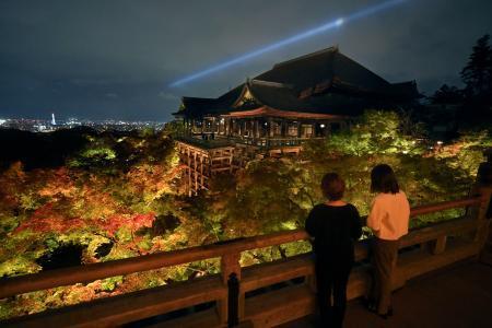 　秋の夜間特別拝観が始まるのを前に試験点灯でライトアップされた京都市東山区の清水寺＝１７日夜