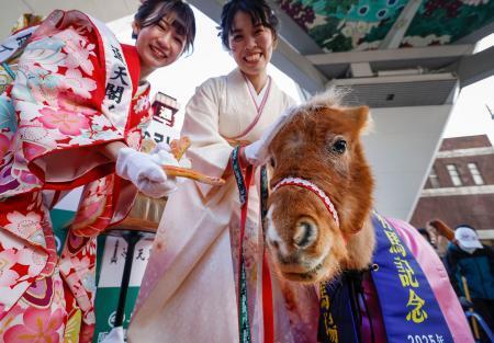 大阪・通天閣で干支の引き継ぎ　「午年へ馬っしぐら！」と口上