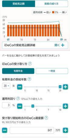 　公的年金シミュレーターのイデコの「受給見込額」の試算画面