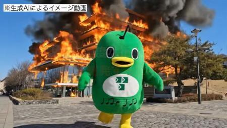 　千葉県習志野市が生成ＡＩを活用し作った、炎上する市庁舎から「ナラシド♪」が逃げる動画の一場面（市公式ユーチューブから）