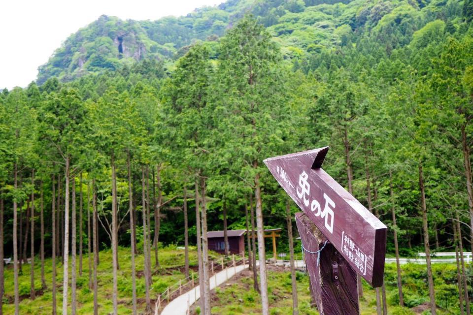 登山口の「免の石」望見所から見た山上の免の石がかつてあった空洞