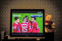 北朝鮮の家庭で放送されているサッカー・プレミアリーグの映像。隣にはぬいぐるみ（撮影・初沢亜利）