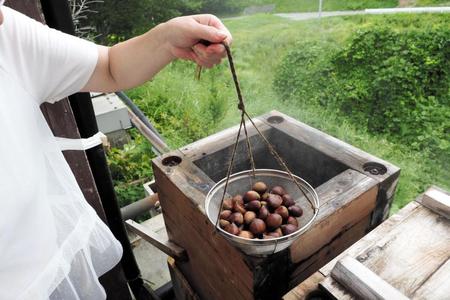 温泉の蒸気を利用した蒸し器。お客さんが栗を蒸していた