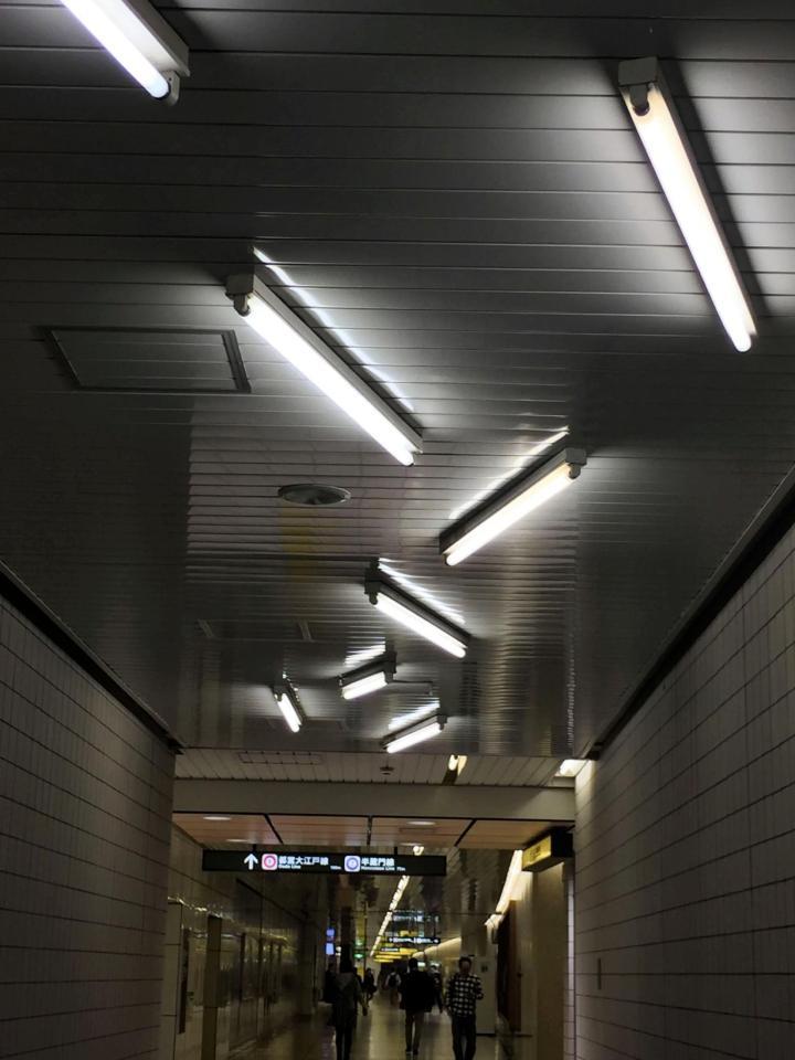 清澄白河駅の構内にある不思議な配列の蛍光灯。駐輪場側を背に、駅構内を見た風景（東京都交通局提供）