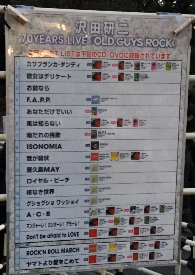沢田研二の武道館公演の現場で公開されたセットリスト
