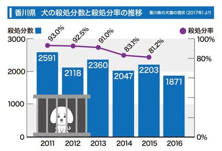 香川県　犬の殺処分数と殺処分率の推移／香川県の犬猫の現状（2017年）より