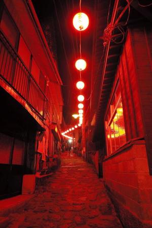 石畳の坂道に赤提灯がともる湯平温泉街