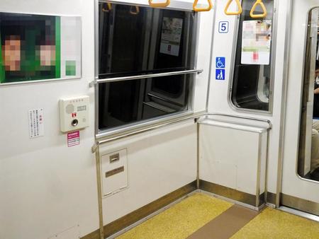 大江戸線の車内にあるフリースペース。車いすやベビーカー利用者に配慮し、手すりがある＝都内