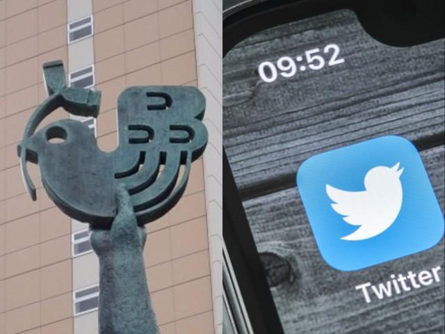 平和の誓い像の「ハト」、ツイッターのロゴマーク（右）に似ていると話題