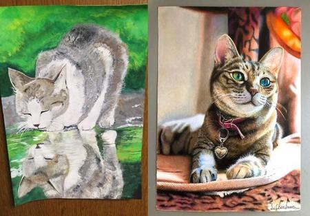 左が中3(絵の具)、右が高３(色鉛筆)の作品＝長靴をはいた猫さん（@erumo_0384）提供