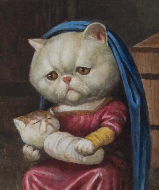聖母子像が一瞬で「ワンオペで疲れ果てた主婦」に!?　擬人化した猫の母子像が奥深すぎ