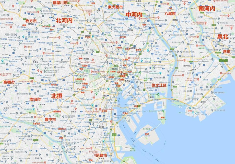 “東京の街を大阪でたとえたら”MAP暫定版（シマムラさん提供）