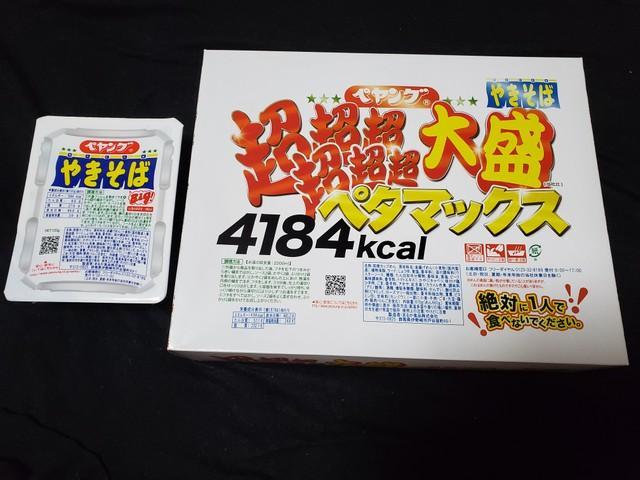 箱に入った史上最大級のビックサイズ「ペヤング超超超超超超大盛やきそばペタマックス」。通常版(左)と比較するとその大きさが伝わる。