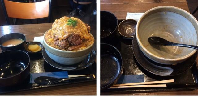 大盛で有名な「ポミエ」（大阪市浪速区）のカツ丼を完食したムラサキさんの真の「インスタ映え」※ムラサキさん提供