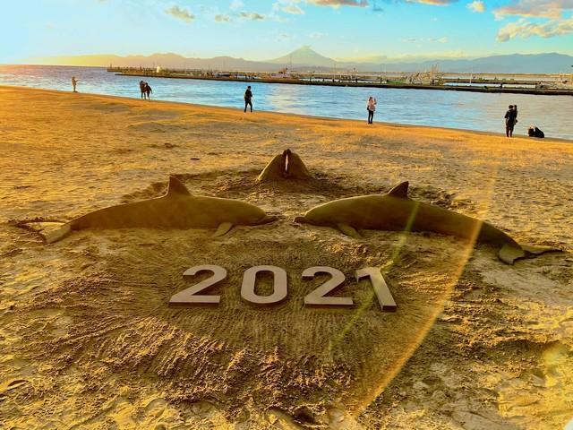 2021年が良い年でありますように…とイルカも言っております＝江ノ島イルカ部@砂イルカ（@enoshimadolphin）さん提供