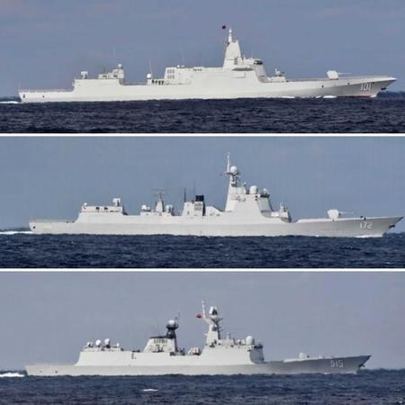 2021年10月18日に津軽海峡を通過した中国海軍艦艇の一部。上から、レンハイ級ミサイル駆逐艦（101）、ルーヤン３級ミサイル駆逐艦（172）、ジャンカイ２級フリゲート（515）／防衛省統合幕僚監部・報道発表資料より（https://www.mod.go.jp/js/Press/press2021/press_pdf/p20211018_02.pdf）