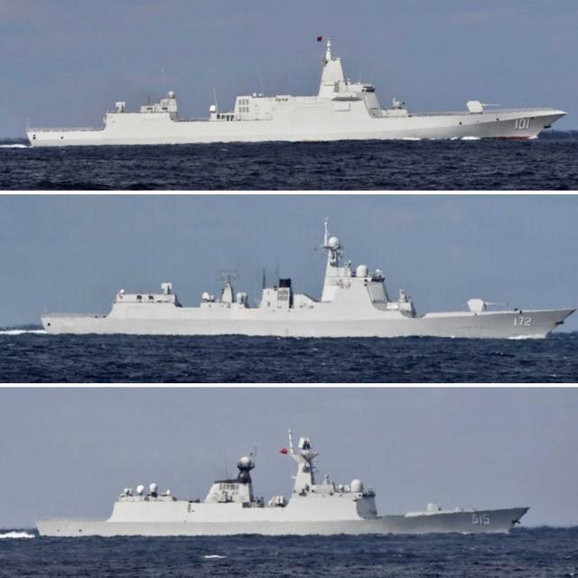 2021年10月18日に津軽海峡を通過した中国海軍艦艇の一部。上から、レンハイ級ミサイル駆逐艦（101）、ルーヤン３級ミサイル駆逐艦（172）、ジャンカイ２級フリゲート（515）／防衛省統合幕僚監部・報道発表資料より（https://www.mod.go.jp/js/Press/press2021/press_pdf/p20211018_02.pdf）