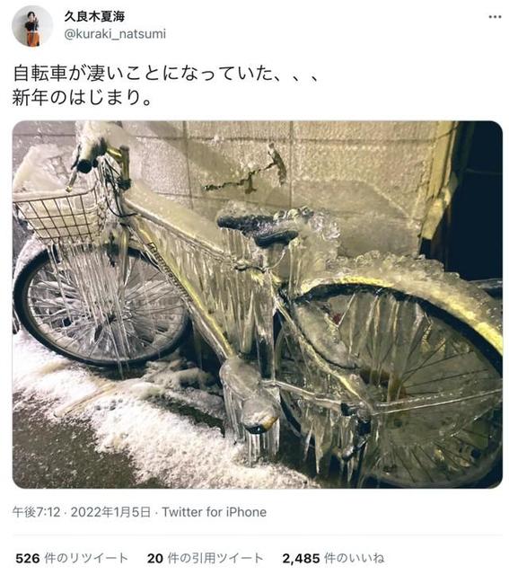 まさか自転車が凍るとは！「あ～持ち主かわいそう」→自分のと分かり茫然「マンモスみたい」「見事なアート」