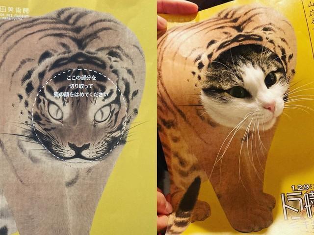 トラの名画になったわが家のネコに飼い主さんメロメロに　ネコ様用顔ハメが楽しすぎる　京都・福田美術館