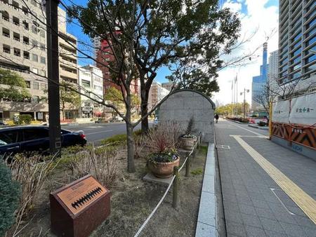 神戸市役所前の植え込みにある小さな記念碑とヤマボウシ＝2023年1月撮影