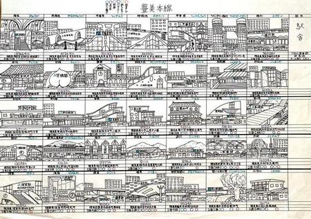 こたさんが小学4年生のときに描いた、架空の鉄道路線の駅舎デザイン（こたさん提供）