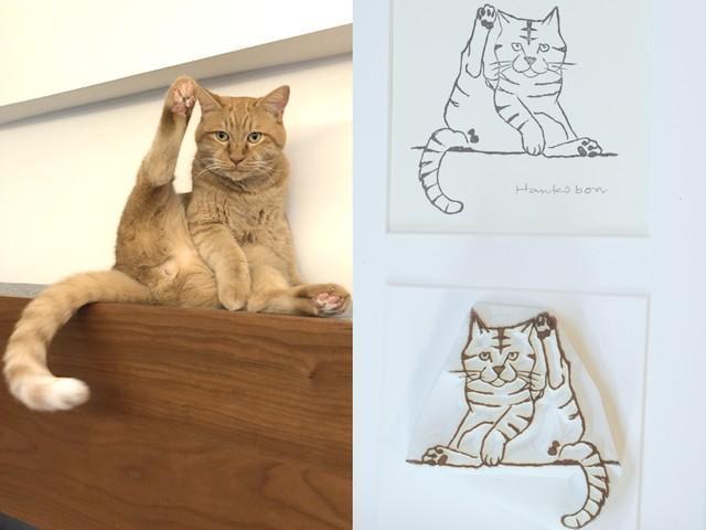 ボン（左、橋本さん提供）と消しゴムはんこ（右）。これはボンがよくやっていたポーズ