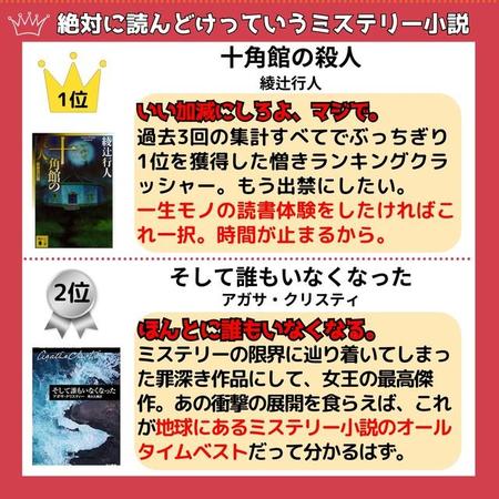 ミステリーランキング1位～2位（提供：ひろたつ@読書中毒ブロガーさん）