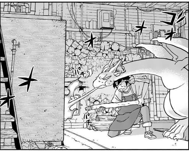 湯沸かし器が壊れた銭湯で湯を沸かし続ける主人公「村上」とドラゴンの「イルセラ」　©︎牧瀬初雲・東裏友希／小学館