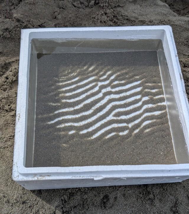発泡スチロールの箱の中に浮かび上がった砂の縞模様。水の揺れが生み出した自然のアート／三谷 純さん（@jmitani）提供